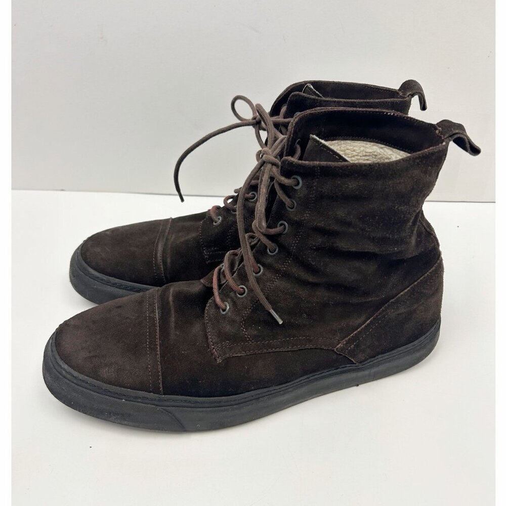 SERAFINI Suede Leather Brown Boots US Sz 12 Lace Up Made in Italy Faux Fur Lined